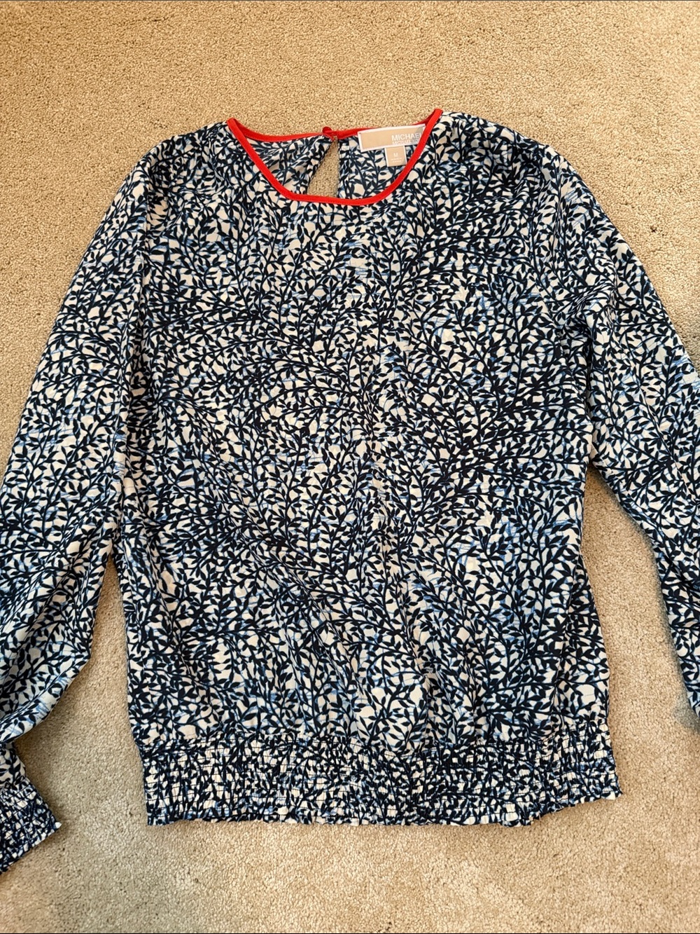 Michael Kors Navy and White Leaf Print Blouse with Red Trim